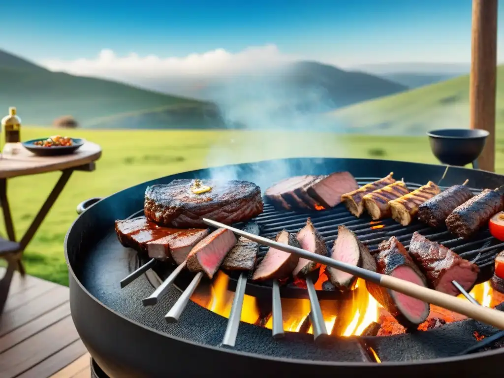 Arte del asado en estancias: lujoso parrillero uruguayo con cortes de carne sobre brasas, rodeado de naturaleza y elegancia campestre