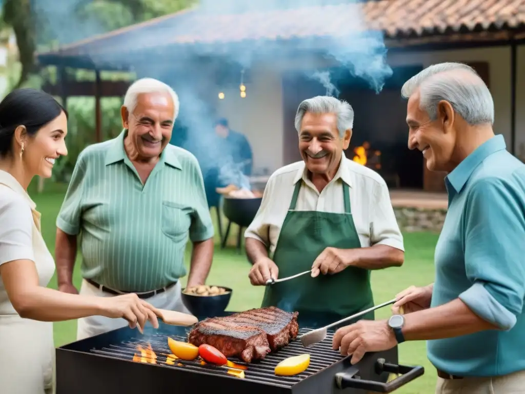 Celebrando el arte del asado uruguayo entre generaciones en un cálido y familiar ambiente de jardín