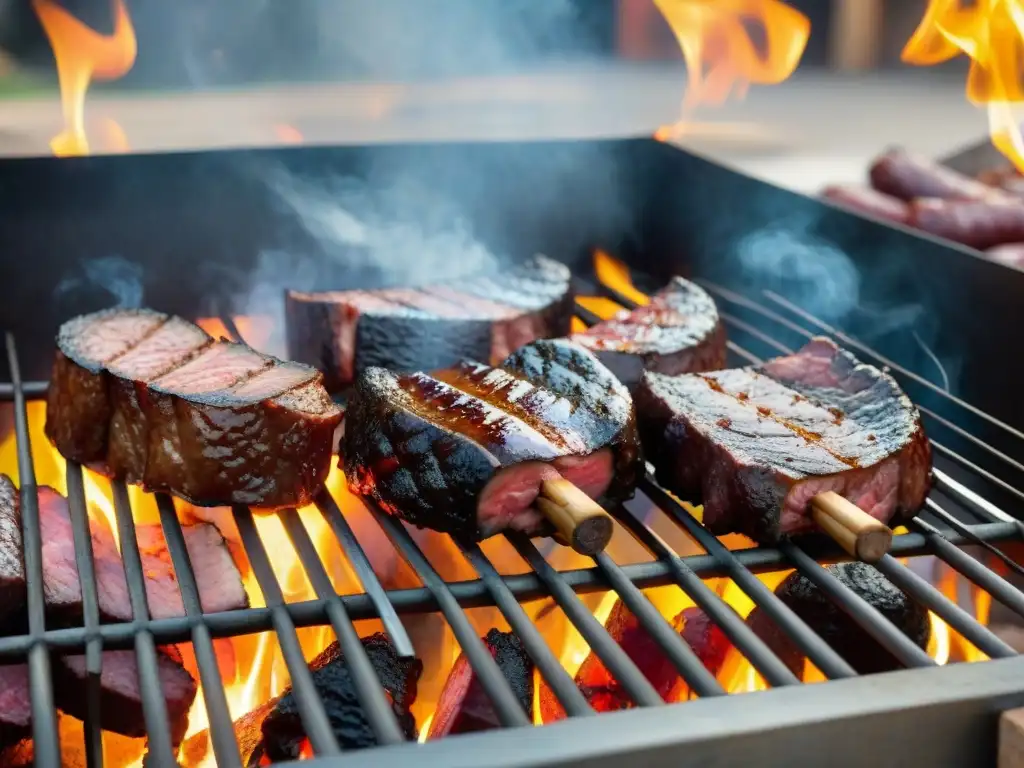 Arte del asado uruguayo: parrilla tradicional con variedad de carnes cocinándose sobre brasas, creando una escena envolvente y deliciosa