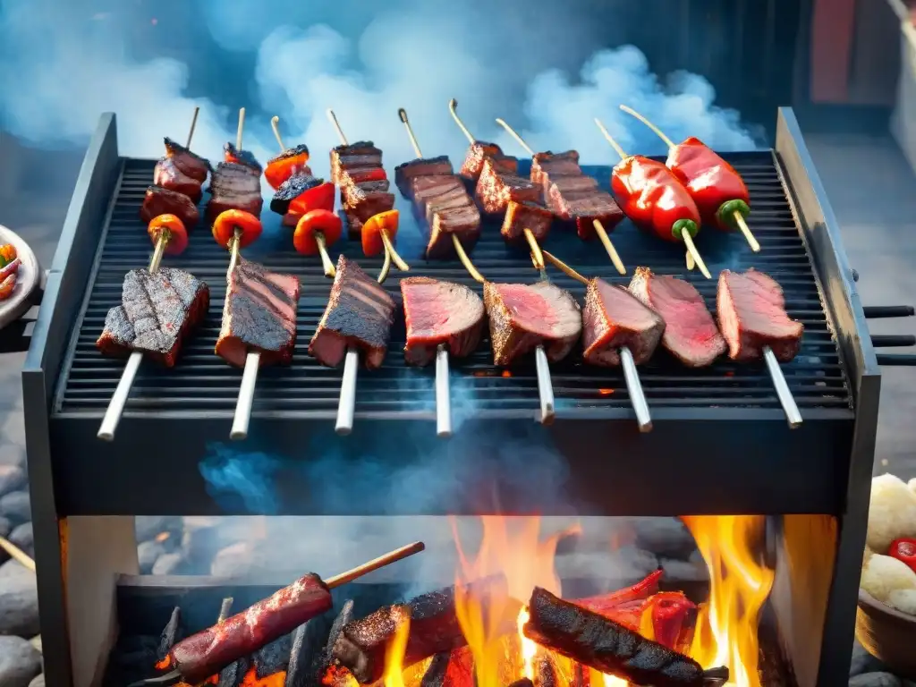 Arte del asado uruguayo: Parrilla tradicional con cortes de carne, chorizos y pimientos sobre brasas, bajo cielo azul