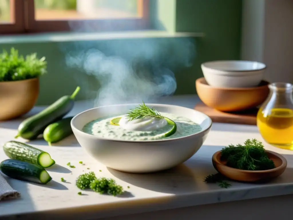 Preparación artesanal de tzatziki con ingredientes frescos en cocina griega