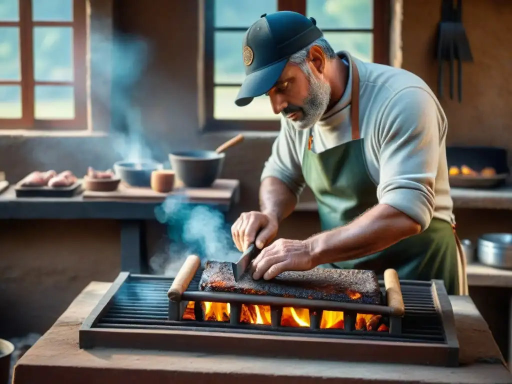 Un artesano en Uruguay restaura con maestría un asador antiguo en su taller rústico, con herramientas tradicionales y luz cálida