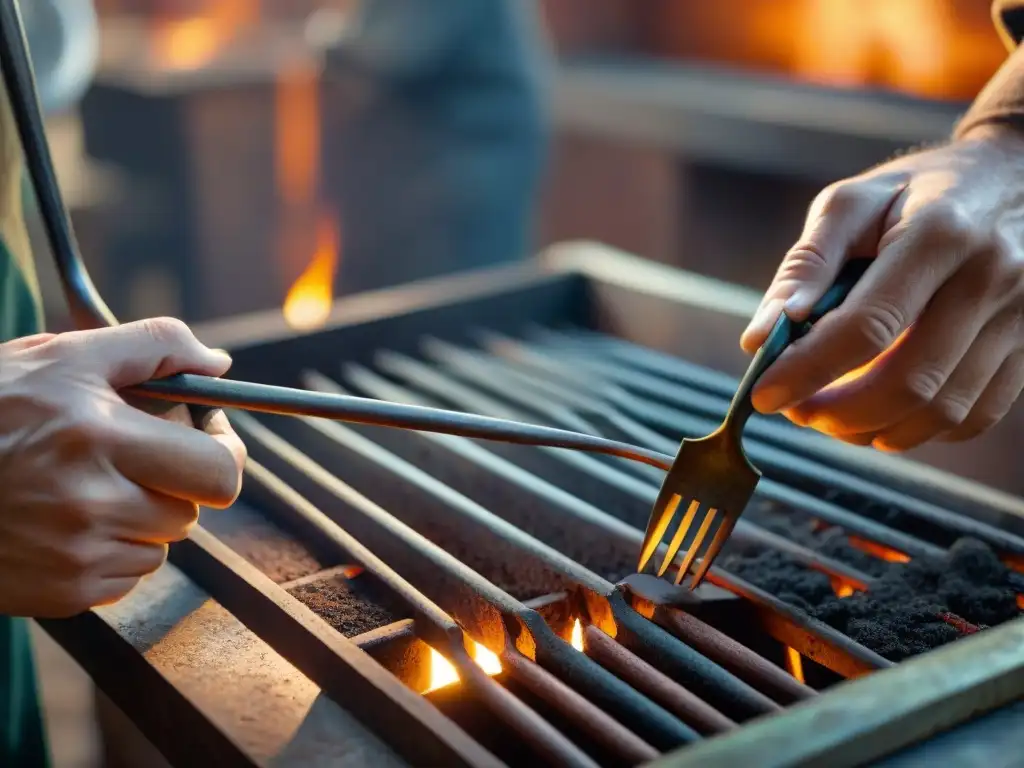 Un artesano restaura con destreza un tenedor de asado antiguo y oxidado en un taller iluminado por la luz del sol