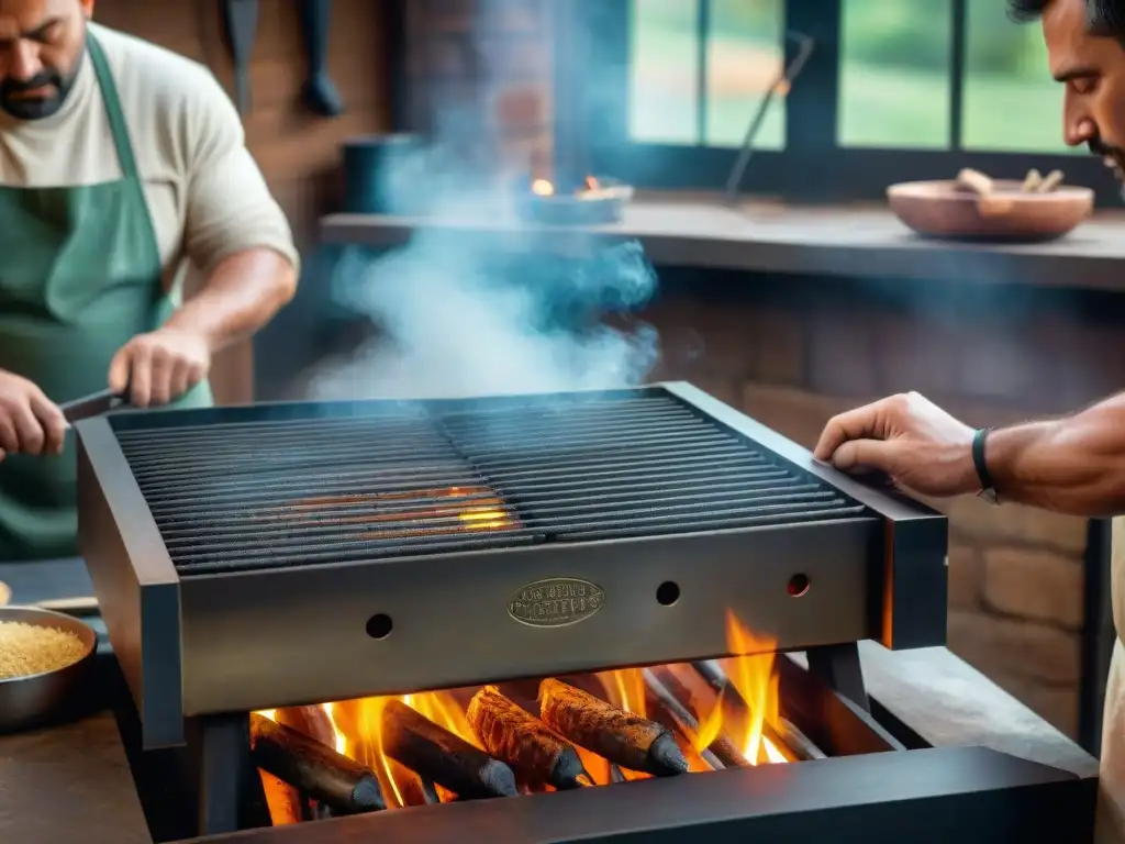 Un artesano experto soldando parrillas a medida para asado en un taller tradicional uruguayo, rodeado de herramientas y materiales