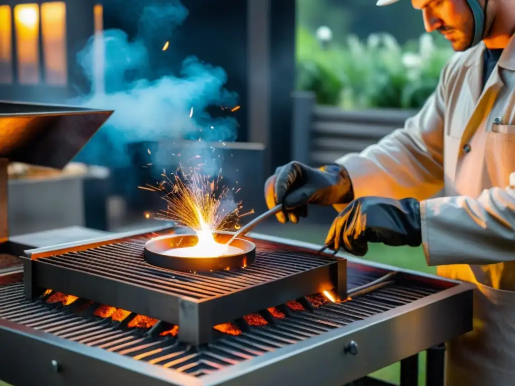 Artesano soldando a medida parrillas para asado con dedicación y destreza, chispas y metal al rojo vivo