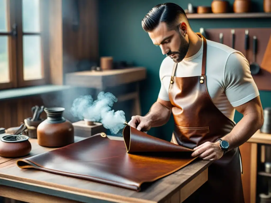 Un artesano meticuloso cosiendo a mano delantales de cuero personalizados asador en un taller rústico