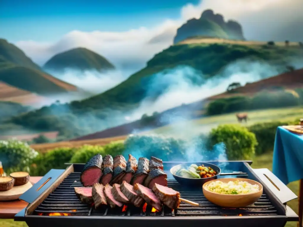 Asado al aire libre en festivales de Uruguay, amigos y familia disfrutan de la parrillada en un entorno natural pintoresco