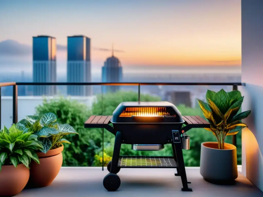 Un asado en apartamentos sin humo: parrilla eléctrica moderna en un balcón urbano con plantas, mobiliario y vista panorámica al atardecer