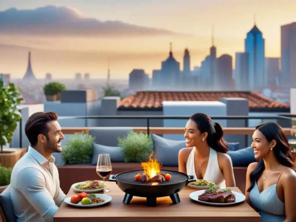 Un asado en apartamentos sin humo: vecinos felices disfrutan de una parrillada eléctrica en una terraza moderna al atardecer en la ciudad