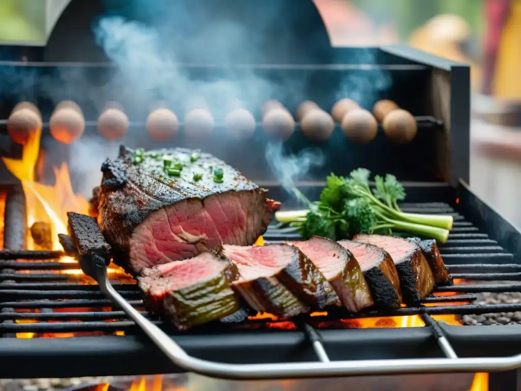 Un asado argentino con hojas de vid, carnes suculentas y vegetales cocinando en una parrilla, creando una atmósfera auténtica y tentadora