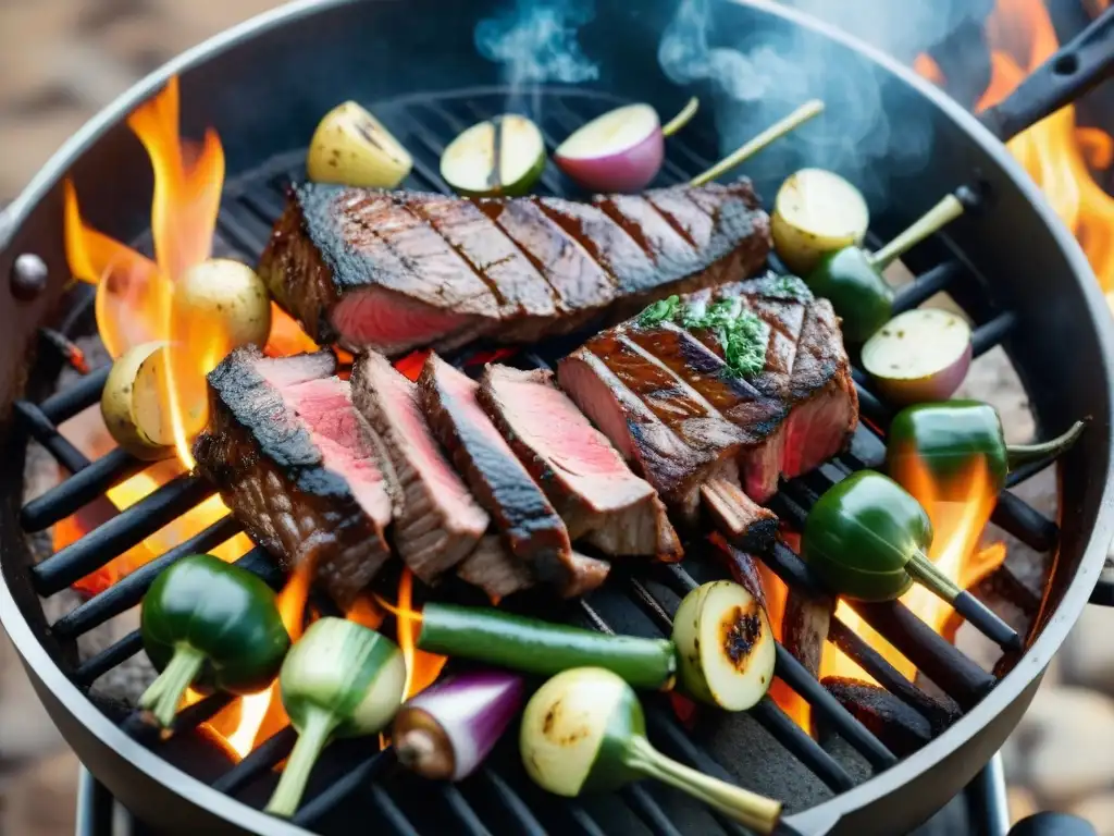 Un asado argentino con jugosos cortes, vegetales y llamas vibrantes, captura la esencia de un concurso de fotografía asado criterios evaluación