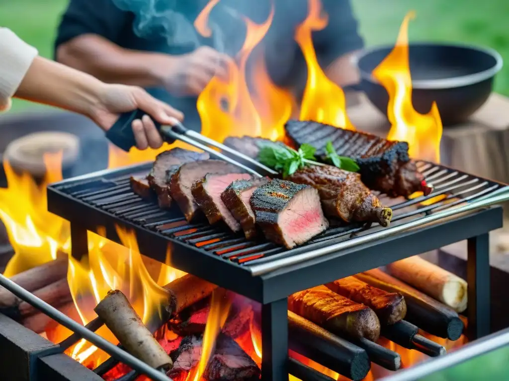 Delicioso asado argentino en parrilla artesanal Un asado argentino tradicional cocinado al asador, con variedad de carnes sobre la parrilla y un fondo de exuberante vegetación