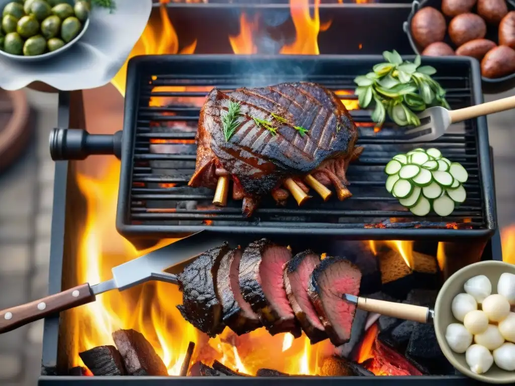 Un asado argentino tradicional con hojas de vid, carnes suculentas en la parrilla y colores vibrantes