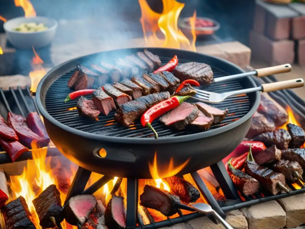 Un asado argentino tradicional con las mejores fuentes de calor para asado: brasas ardientes, carne y chorizos cocinándose a la perfección