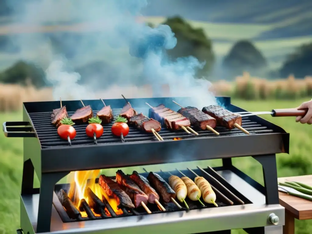 Un asado argentino tradicional moderno: variedad de carnes en la parrilla con llamas y un chef experto, en un paisaje campestre