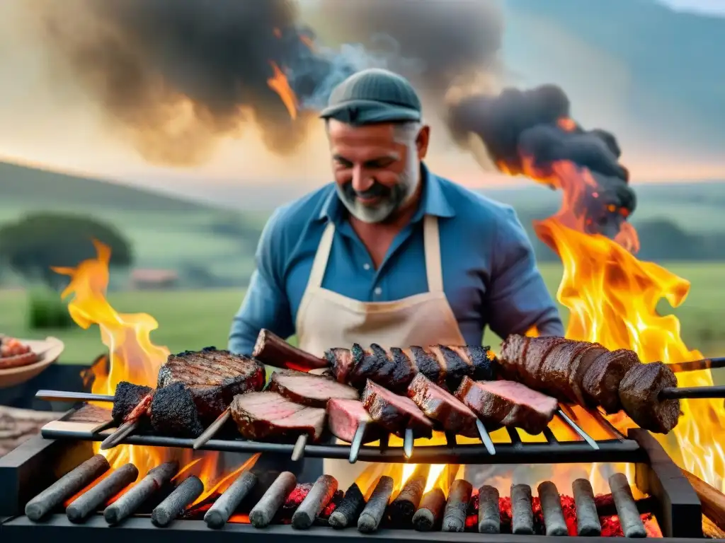 Un asado argentino tradicional en una parrilla al aire libre, con cortes de carne cocinándose sobre brasas mientras amigos y familia esperan disfrutar