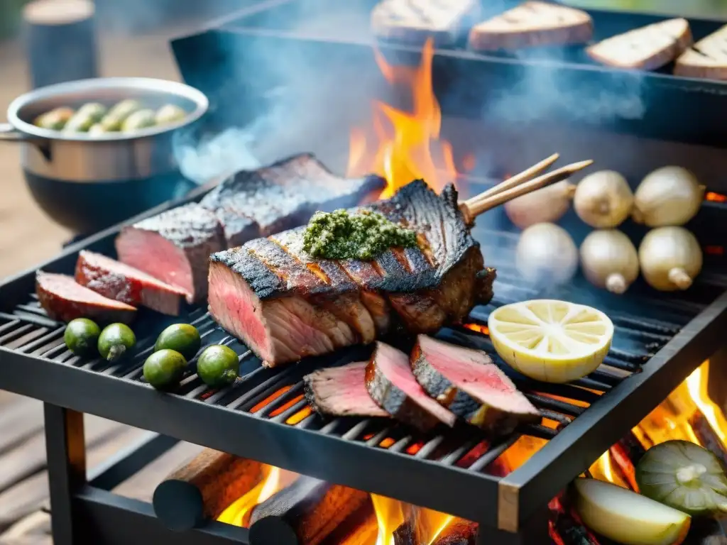 Un asado argentino tradicional con técnicas ancestrales y modernas, rodeado de deliciosos ingredientes y humeante carne a la parrilla