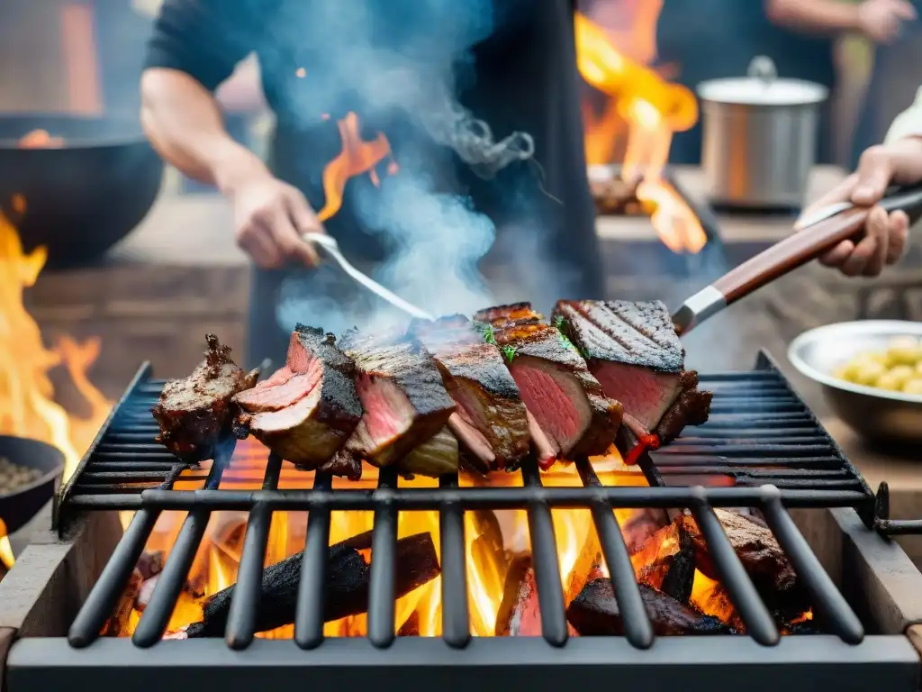 Asado argentino con variedad de carnes en parrilla rodeado de fuego y humo, en un entorno rústico con personas aprendiendo técnicas de ahumado