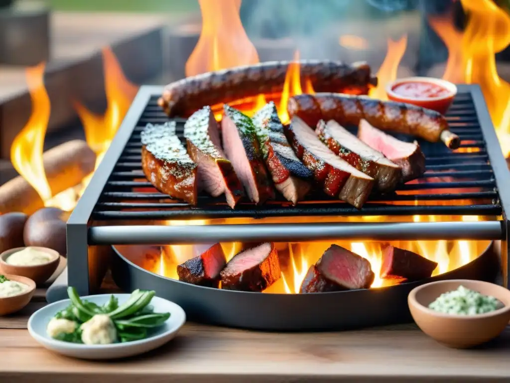 Un asado al asador: carnes jugosas en una parrilla caliente, llamas danzantes, ambiente festivo