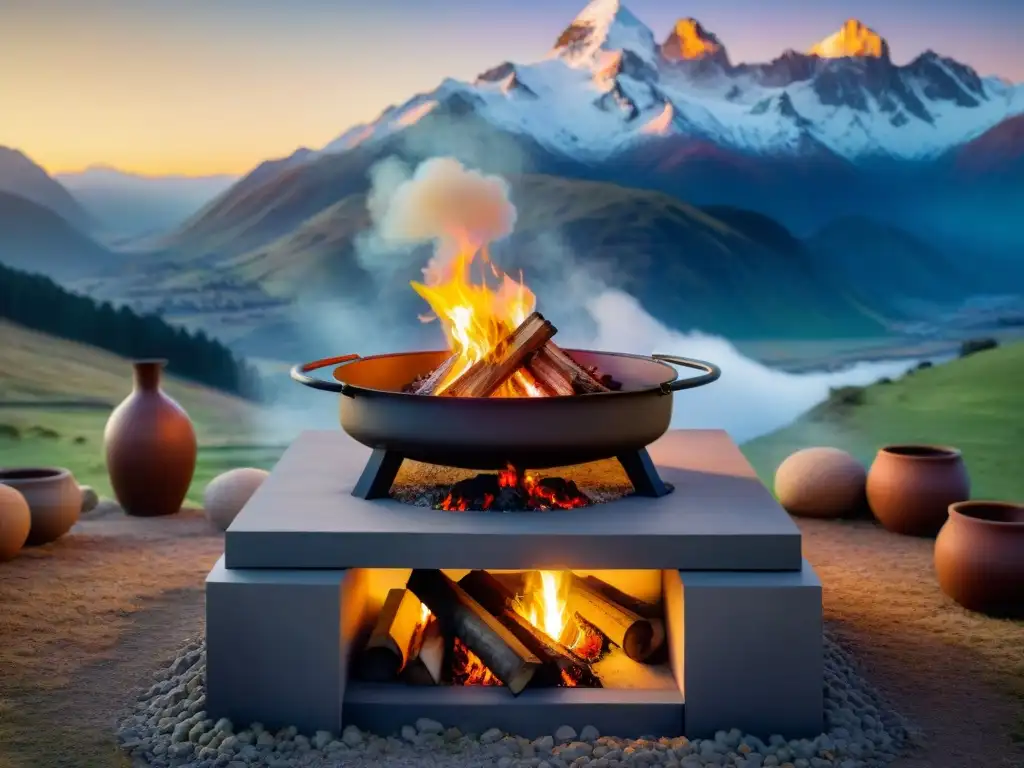 Asado al asador en clima frío: Parrilla llena de carnes sizzling frente a fogata rodeada de montañas nevadas