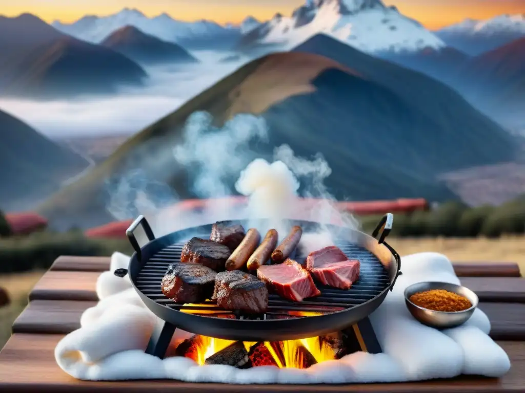 Un asado al asador en clima frío: mesa rústica con carnes argentinas asándose sobre brasas, montañas nevadas al fondo