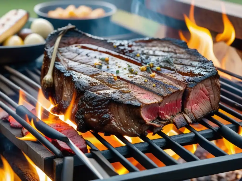 Degustación de asado al asador: suculento filete a la parrilla con amigos en un entorno rústico y tradicional argentino