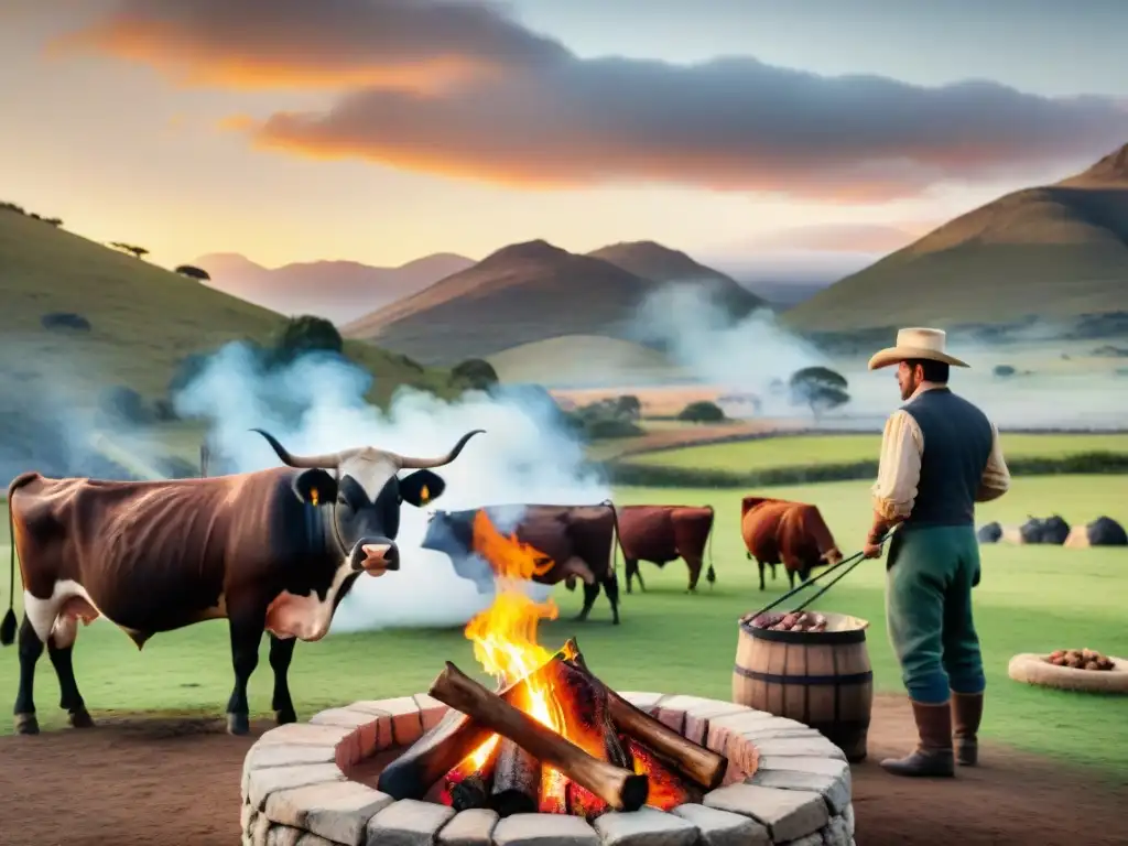 Un asado al asador uruguayo detallado, con un fuego brillante, un paisaje rural y gauchos disfrutando mate