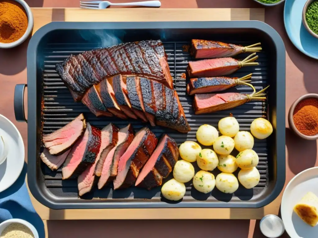 Un asado al asador uruguayo con las mejores especias, carnes sizzling y paisaje campestre