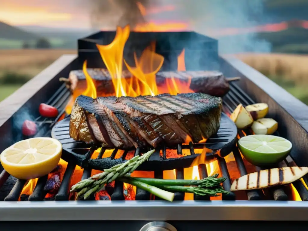 Un asado de búfalo en parrilla uruguaya con chimichurri y paisaje campestre al atardecer