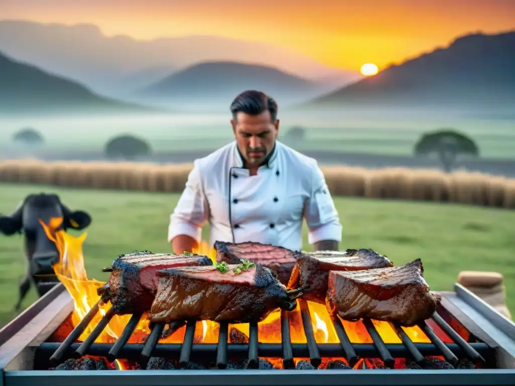 Un asado de búfalo en parrilla uruguaya, expertamente preparado al atardecer sudamericano