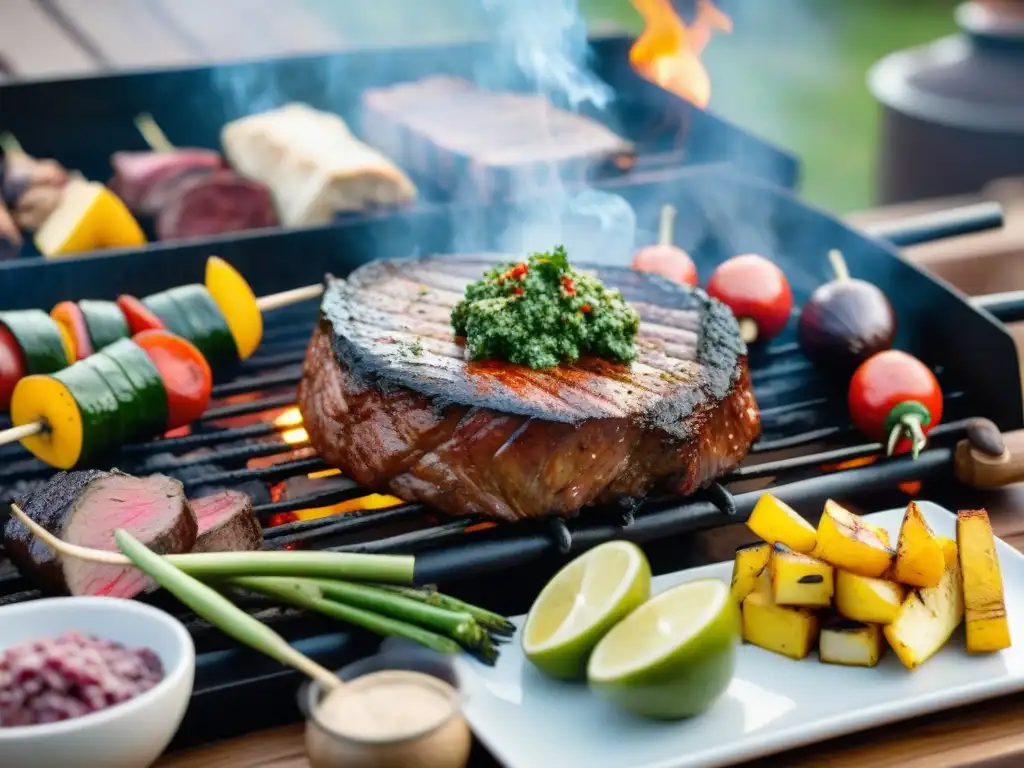 Un asado perfectamente cocinado en una parrilla argentina, con chimichurri y vino Malbec