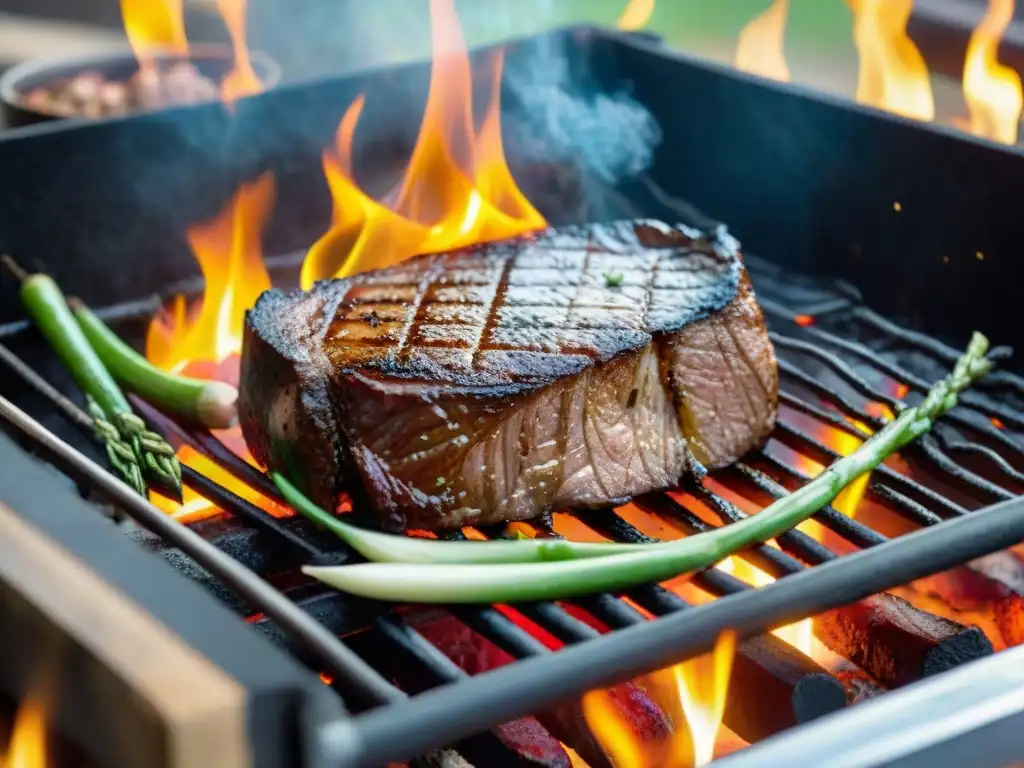 Un asado colita de cuadril Uruguay cocinándose a la parrilla con llamas doradas y vegetales coloridos, en un ambiente festivo al aire libre