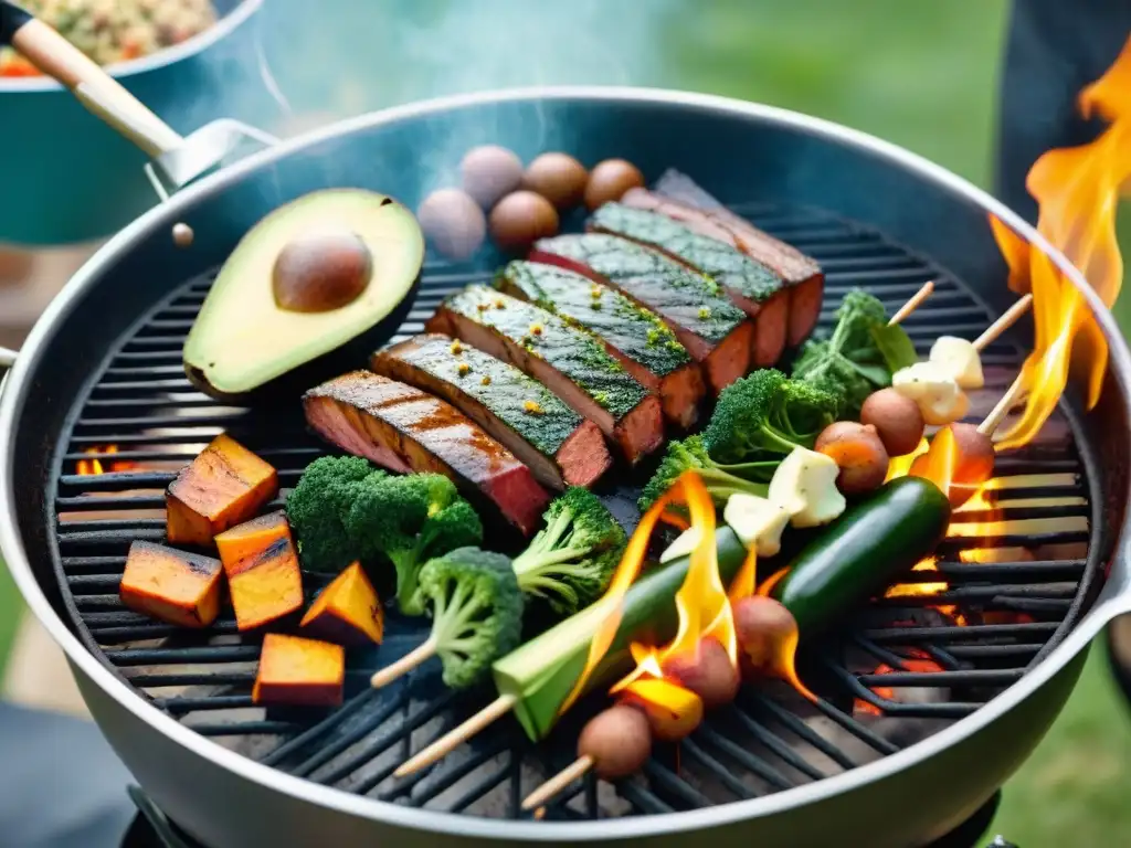 Un asado colorido y vibrante con superalimentos como quinoa, kale, batatas y aguacate, sobre la parrilla