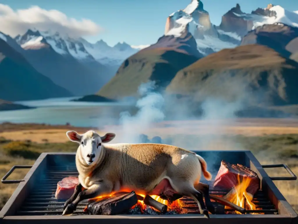 Un asado cordero estilo patagónico cocinándose a la parrilla mientras un gaucho atiende el fuego