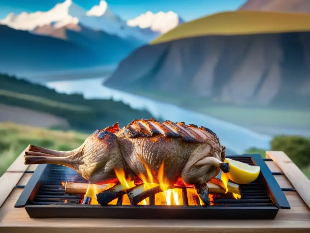 Un asado de cordero patagónico tradicional sobre fuego abierto en un paisaje impresionante