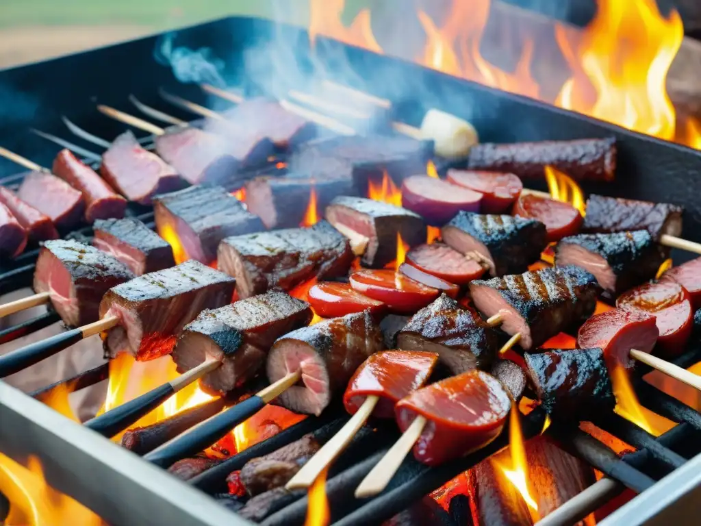 Un asado de cordero uruguayo receta: chorizos sizzling, morcillas tiernas, cordero jugoso, fuego danzante y gauchos en el campo