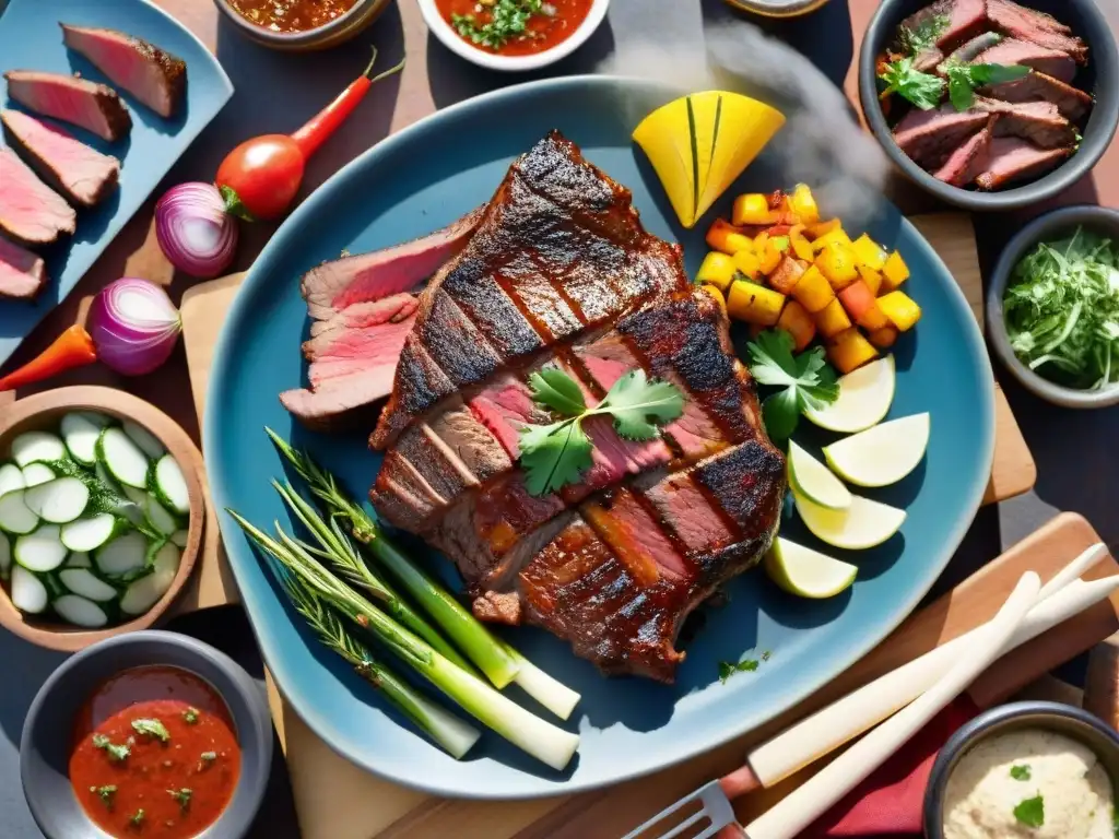 Un asado de cordero uruguayo receta: parrillada cargada de cortes jugosos, marinadas coloridas y vegetales frescos