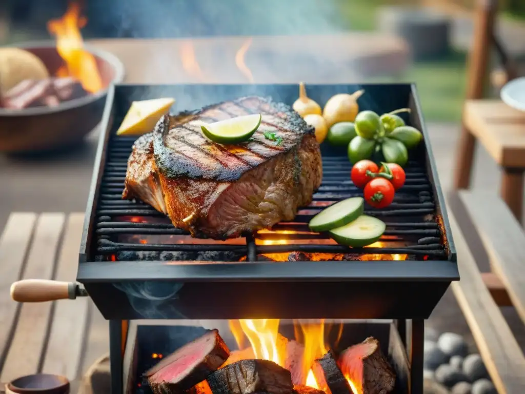 Un asado de cordero uruguayo receta en un entorno campestre con condimentos tradicionales y luz dorada