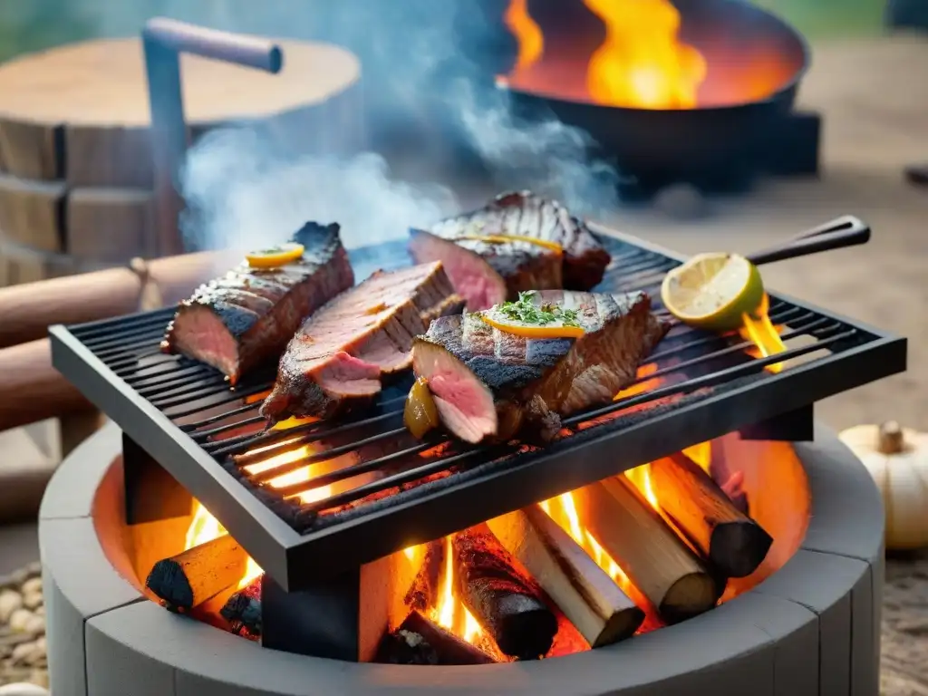 Un asado de cordero uruguayo receta, cocinado a la parrilla al aire libre con amigos y familia alrededor, iluminado por el fuego y la puesta de sol