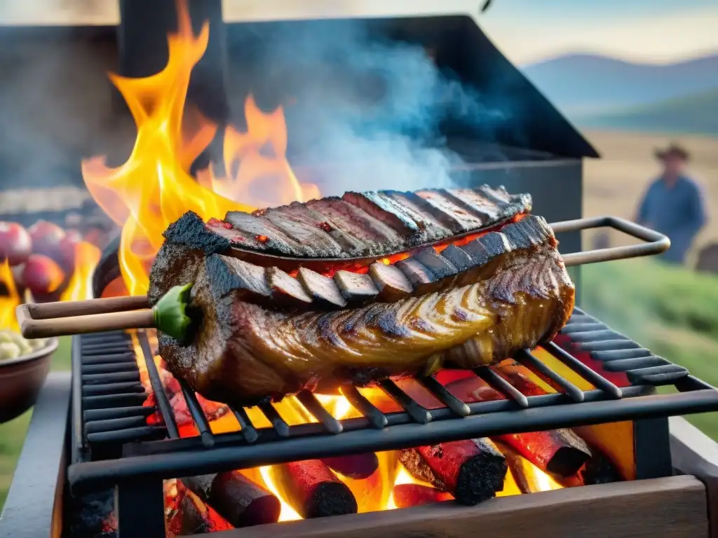 Un asado de cordero uruguayo tradicional cocinándose lentamente en una parrilla rústica sobre llamas abiertas, rodeado de vegetales coloridos