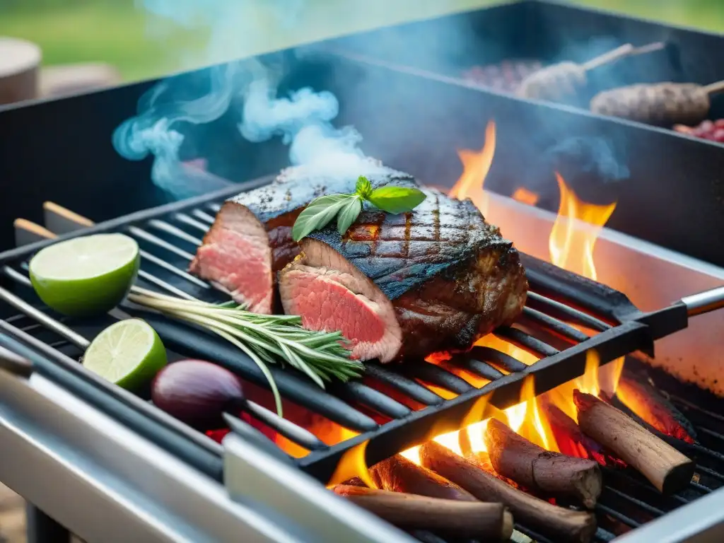 Un asado con cuero uruguayo se prepara al aire libre con una receta secreta, rodeado de ingredientes frescos y una botella de vino tinto