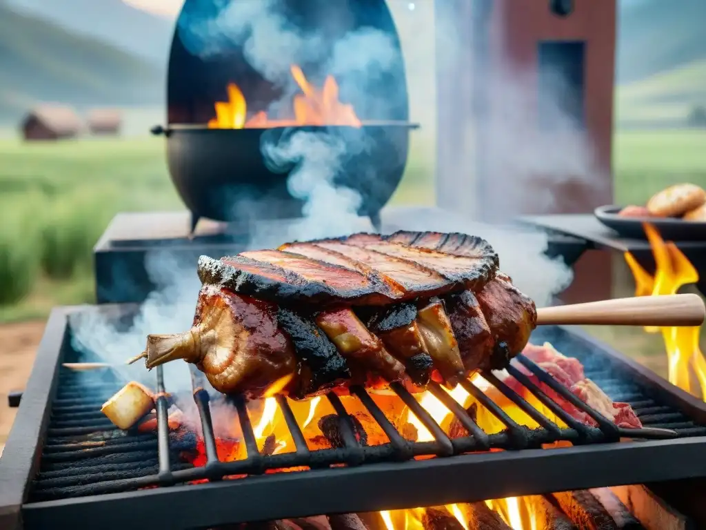 Un Asado con Cuero Uruguayo dorado y jugoso cocinándose lentamente sobre una parrilla, en un escenario campestre con gauchos tradicionales