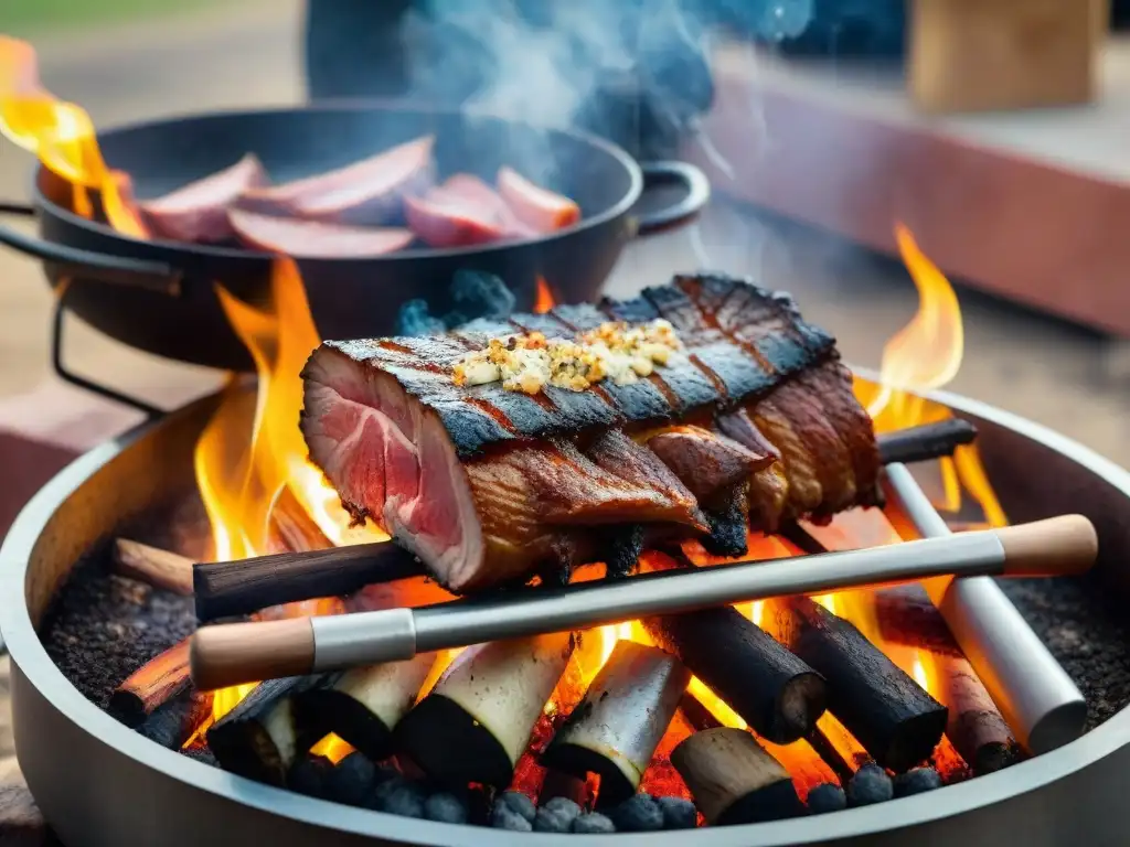 Un asado con cuero uruguayo cocinándose sobre fuego con gauchos, detalle auténtico