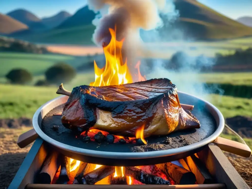 Un asado con cuero uruguayo cocinándose lentamente sobre las llamas, en un paisaje campestre pintoresco