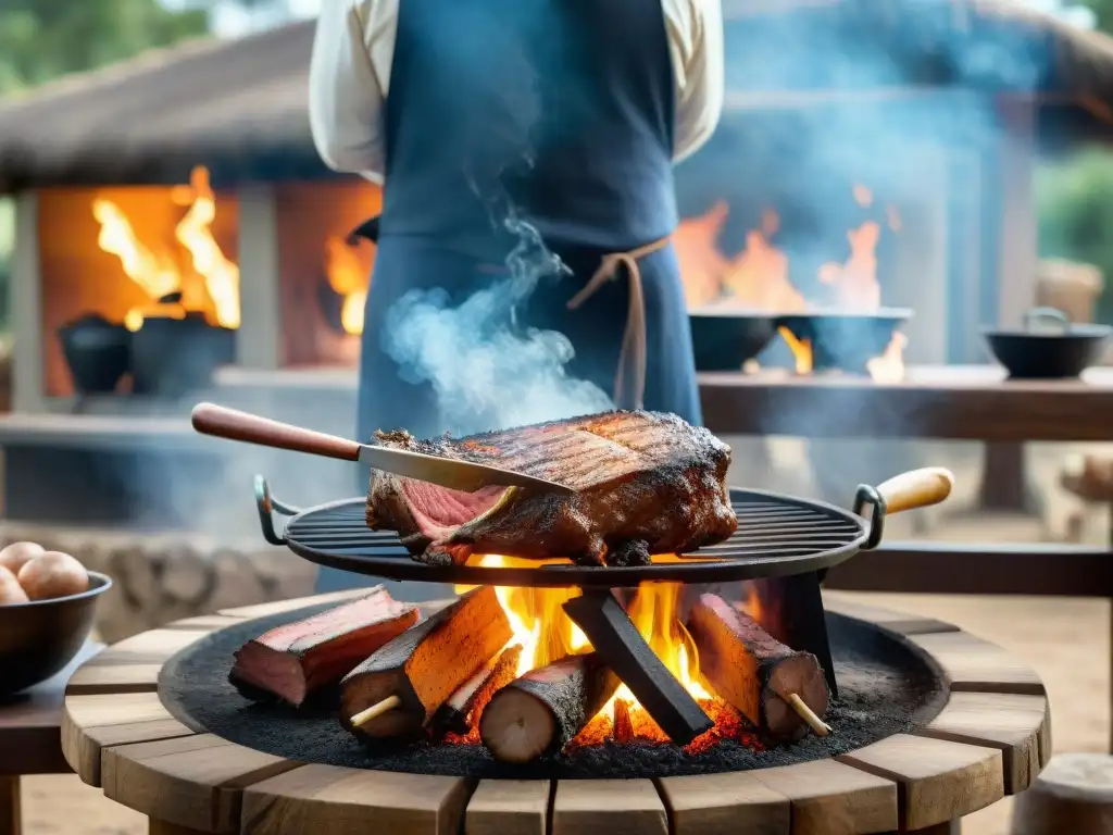 Un asado con cuero uruguayo cocinándose sobre la parrilla al aire libre