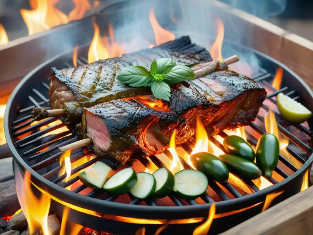 Un asado con cuero uruguayo en su punto, rodeado de deliciosos condimentos y guarniciones