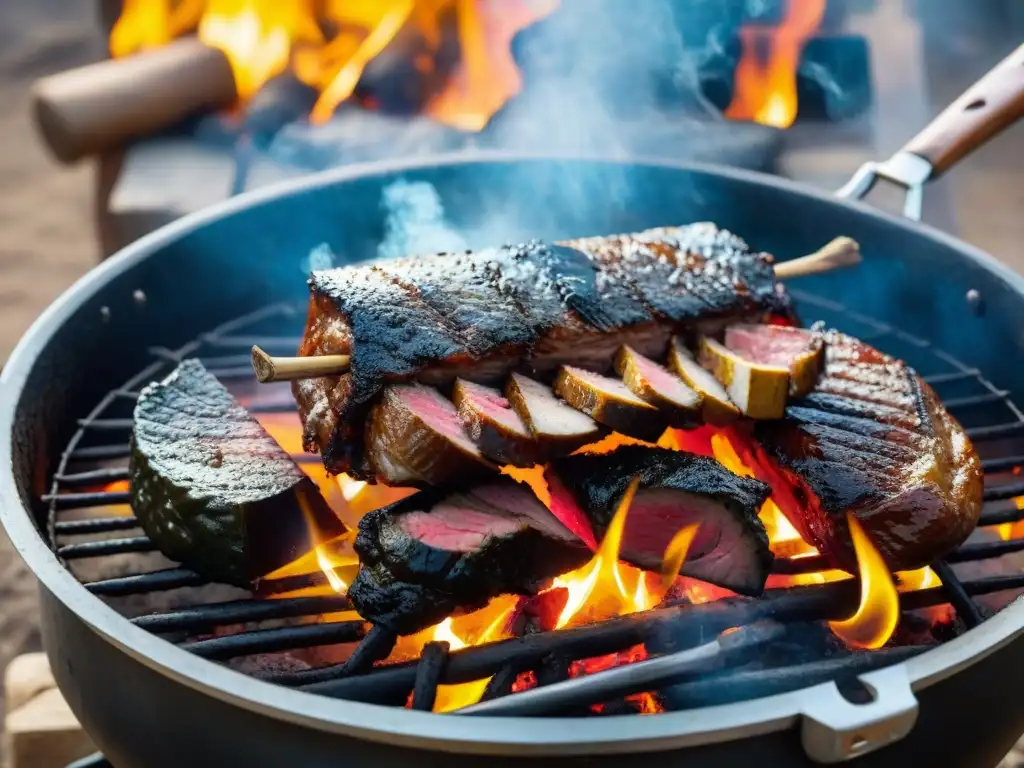 Un asado con cuero uruguayo tradicional cocinándose lentamente sobre las llamas abiertas, con colores y paisaje auténticos