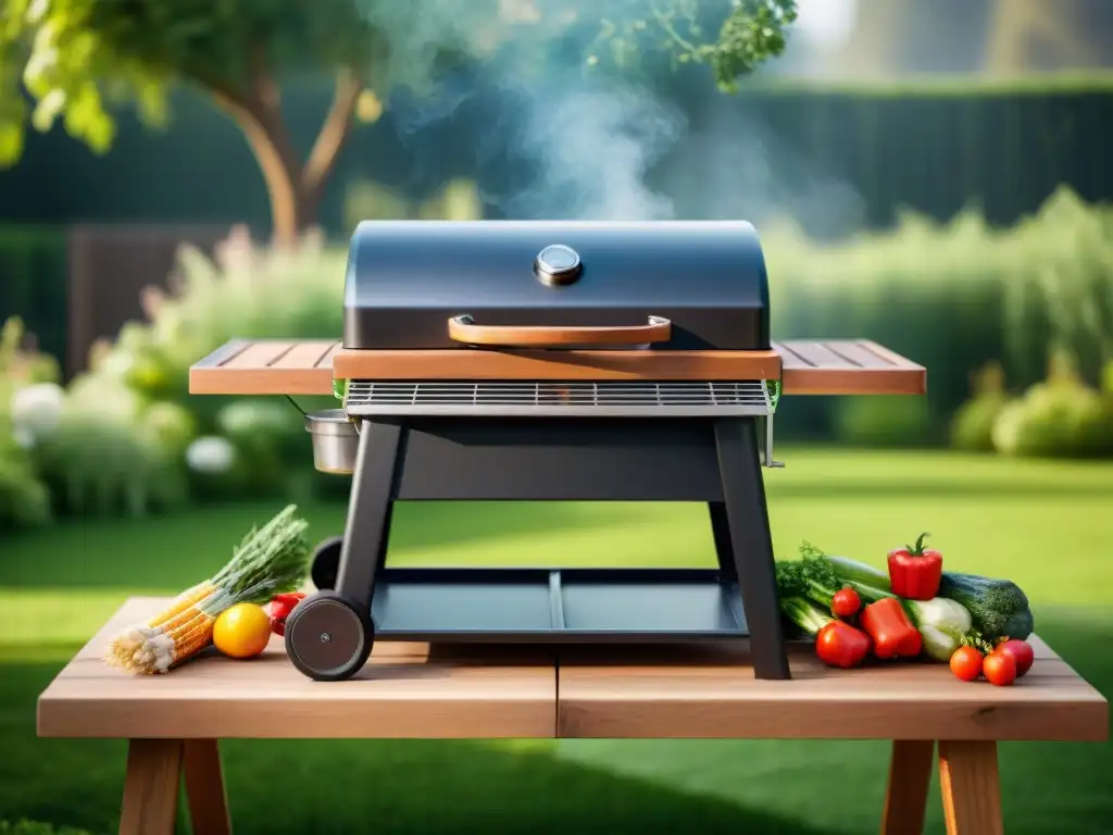 Barbacoa ecoamigable: grill moderno en jardín verde Un asado ecofriendly con combustibles ecológicos en un jardín verde y acogedor