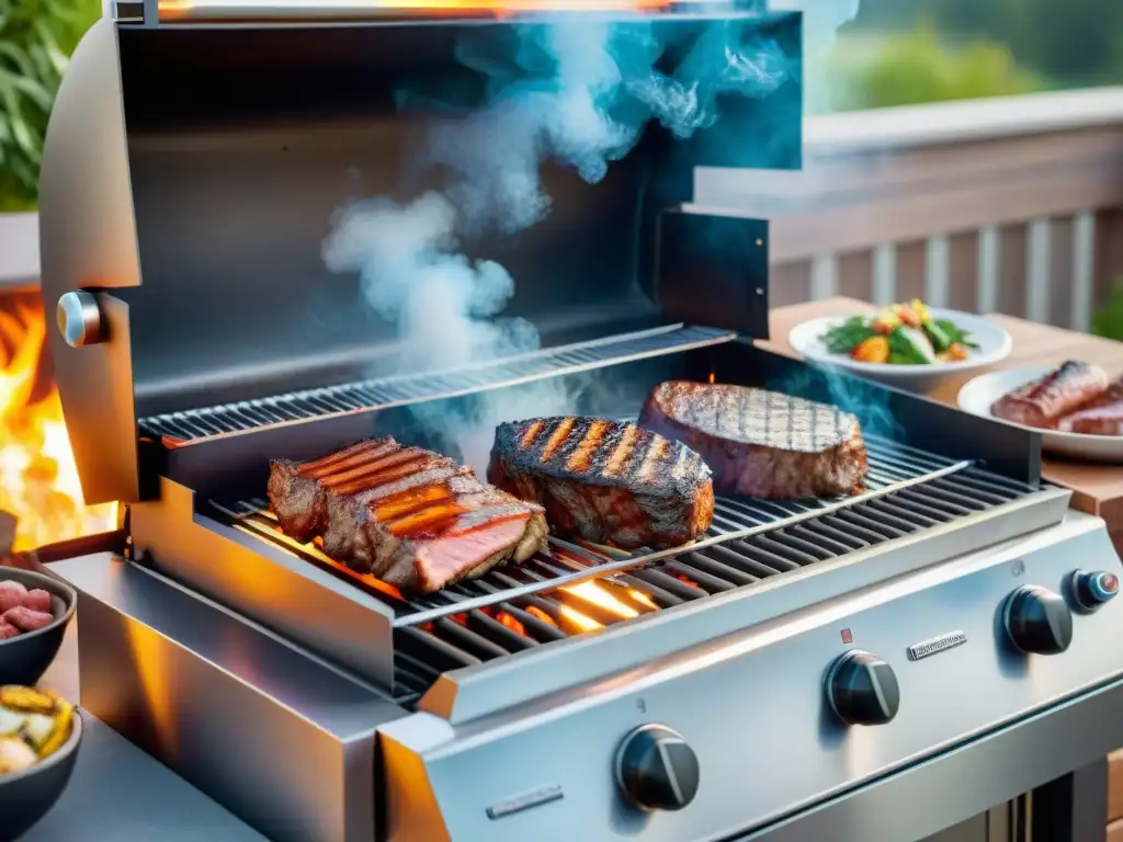 Un asado eléctrico perfecto: moderna parrilla con carne jugosa y ahumada, en un patio soleado y exuberante