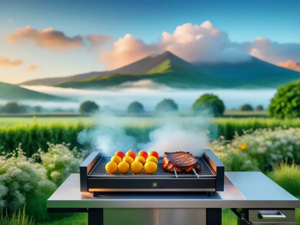 Asado eléctrico vs solar: Escena de barbacoa al atardecer con grills y personas diversas disfrutando juntas